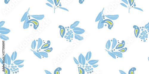 Vector cute hand drawn winter berry bird pattern. Simple folk art style design with bird, plant and snow flake in blue tones. All over print. Perfect for christmas season and winter holiday.