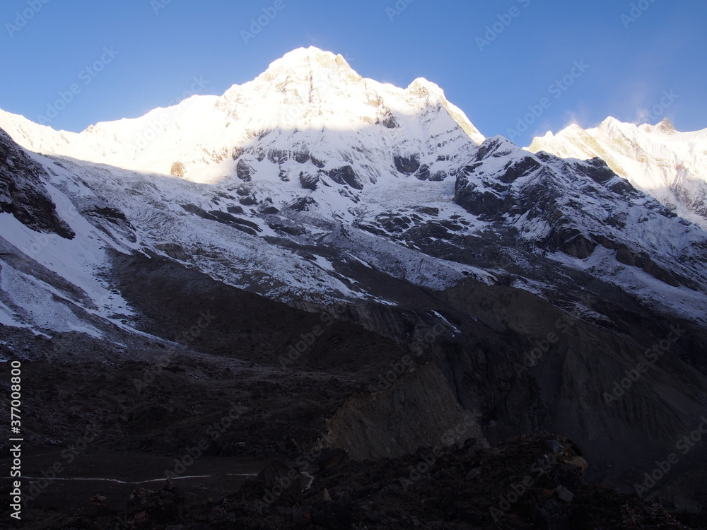 Morning sunshine and blue skies in the Himalayas, ABC (Annapurna Base Camp) Trek, Annapurna, Nepal