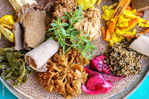 Ethiopian food served atop injera flatbread.