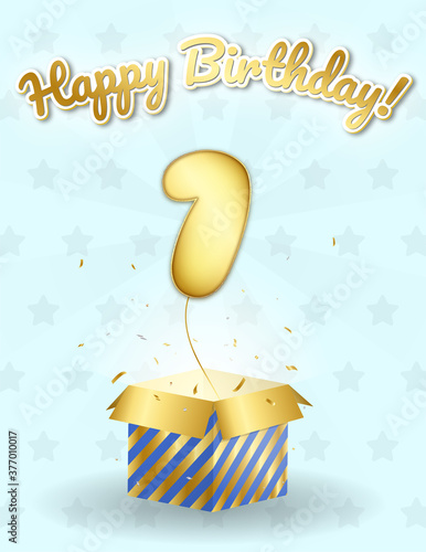 Blue 1st birthday card, with a realistic surprise box and foil balloon.