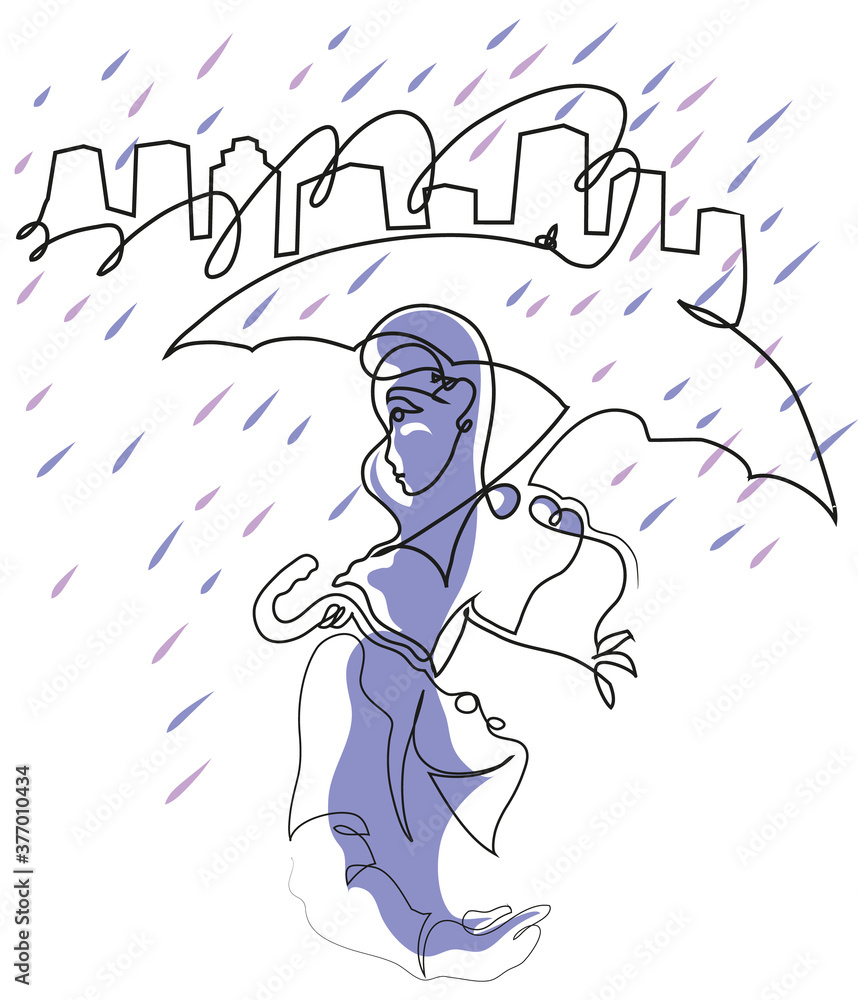 One continuous line drawing of young woman with umbrella walking alone in the street.
Simple one line drawing of  rainy weather.