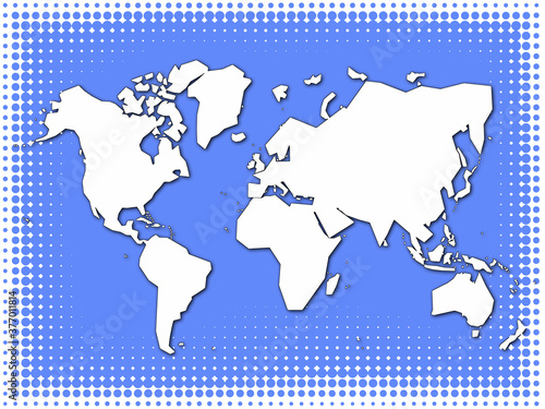 Map of world schematic in white on blue with halftone frame