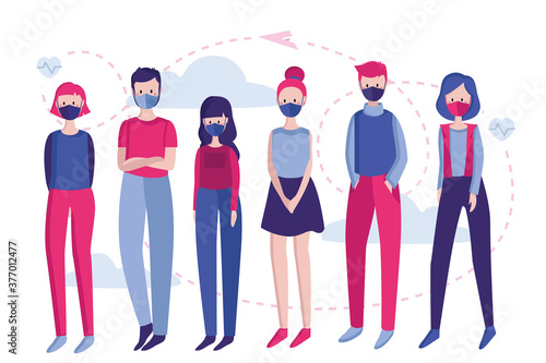 Vector color illustration. Group of people wearing medical masks to prevent disease, Protect from viruses, Air pollution, Contaminated air, prevention of COVID-19. Vector illustration in a flat style.