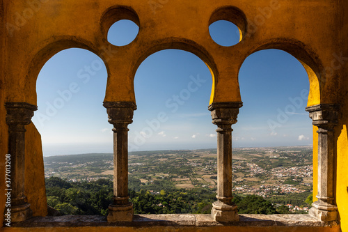 Beautiful view to detail of wall arches in National Palace of Pena