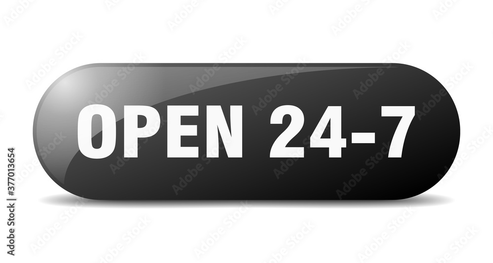 open 24 7 button. sticker. banner. rounded glass sign open 24 7 button. sticker. banner. rounded glass sign