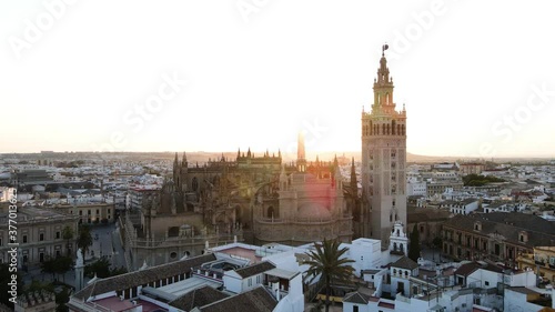 Seville, Andalucia, Spain - drone shot of the cityscape while sunset.