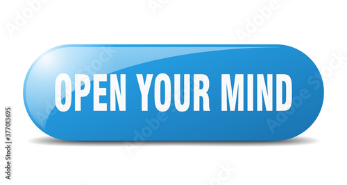 open your mind button. sticker. banner. rounded glass sign