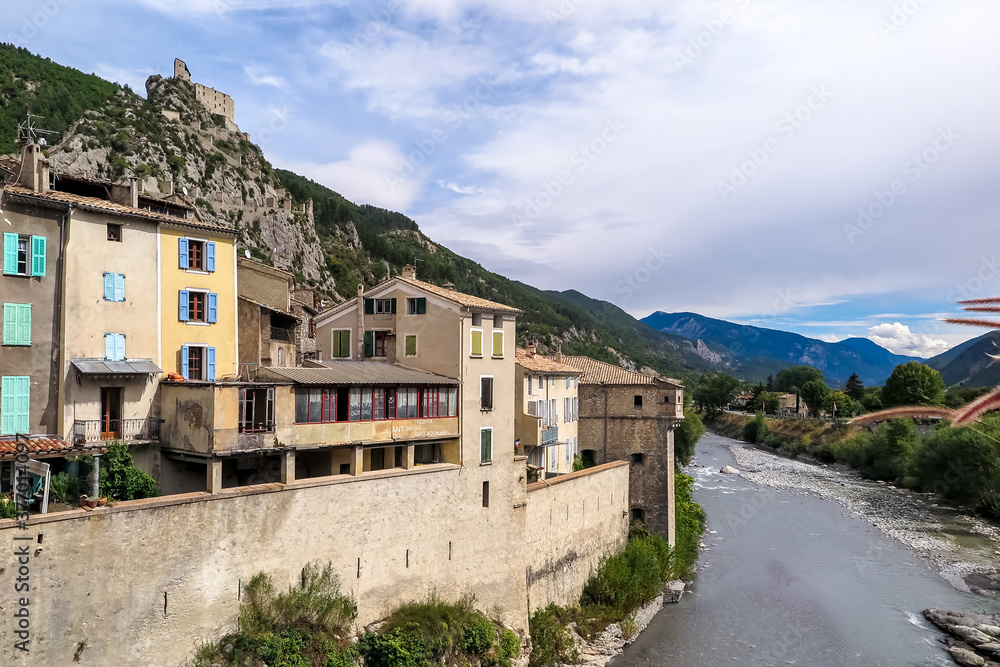 Small French medieval town between two rocky hills and the Var river, Commune of Entrevaux, Provence-Alpes-Côte d'Azur region, Alpes de Haute Provence, France
