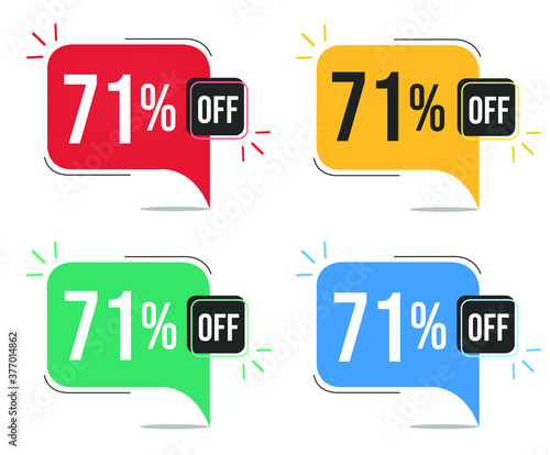 71% off. Red, yellow, green and blue tags with seventy-one percent discount. Banner with four colorful balloons with special offers vector.