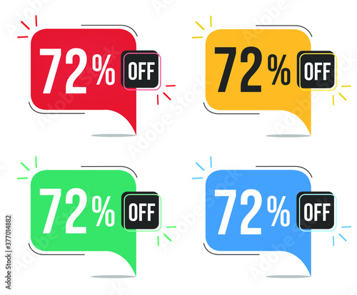 72% off. Red, yellow, green and blue tags with seventy-two percent discount. Banner with four colorful balloons with special offers vector.