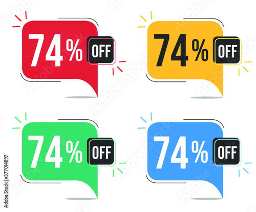 74% off. Red, yellow, green and blue tags with seventy-four percent discount. Banner with four colorful balloons with special offers vector.