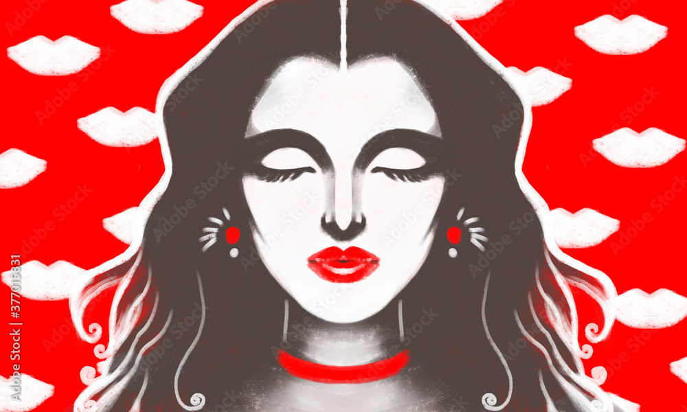 illustration portraits of a girl with closed eyes and red lipstick on her lips. Graphic background with lips. Fashionable stylish illustration about cosmetics illustration portraits of a girl with closed eyes and red lipstick on her lips. Graphic background with lips. Fashionable stylish illustration about cosmetics