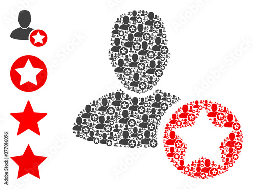Vector star favourites person mosaic is designed with repeating recursive star favourites person icons. Fractal mosaic of star favourites person. Some other icons are present in this vector.