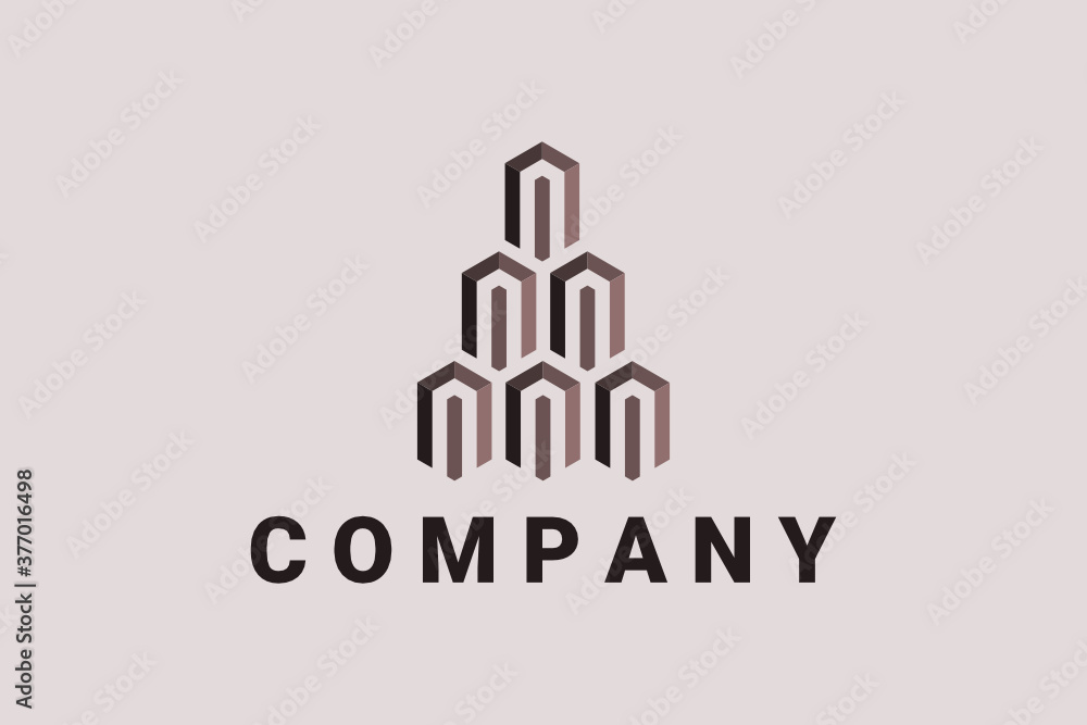 Hexagon vector logo for real estate, consultant and general business with line and arrow elements forming a homeand skyscrapers illustration.