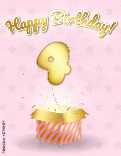 Blue 4th birthday card, with a realistic surprise box and foil balloon.