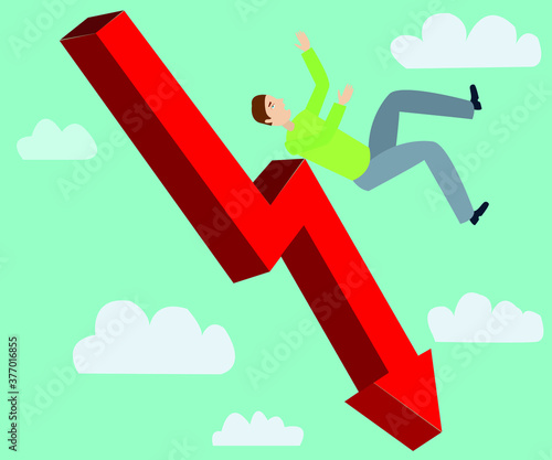 A businessman falls from the arrow of decline. The falling of profit, the decline of business success. Vector illustration.
