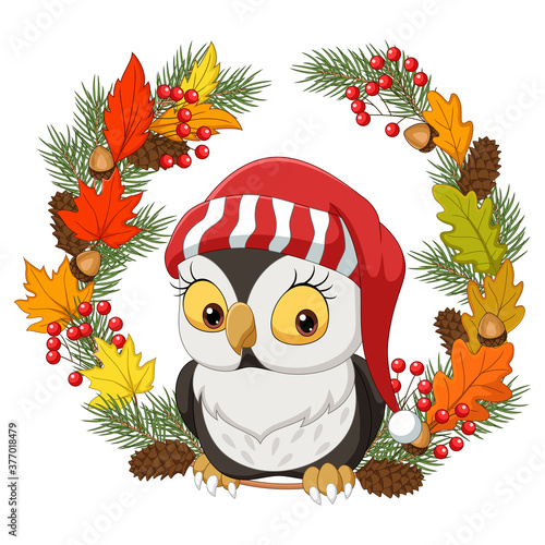 Cute little owl with autumn leaves