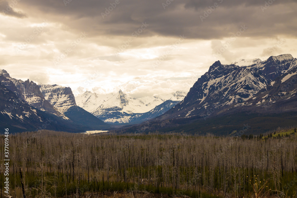 Glacier National Park mountain range with snow