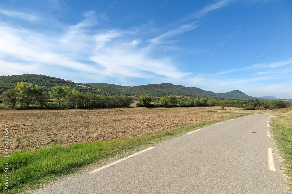 Small regional road crossing planted fields with forest and mountains in the background, Provence-Alpes-Côte d'Azur region, Var, France