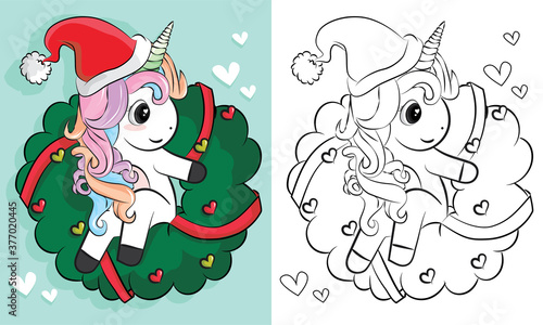 coloring pages of unicorns christmas. Cartoon hand drawn unicorn. Vector illustration. Design for coloring book, greeting cards, t-shirt and other