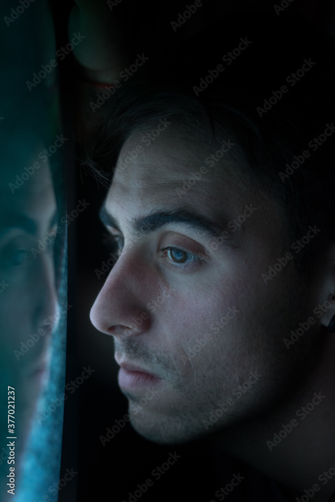 depression anxiety, Young man with social media coat, in front of the tv, concept back to normality, men's fashion positive campaign, advertising of man social distance covid 19, depression anxiety, Young man with social media coat, in front of the tv, concept back to normality, men's fashion positive campaign, advertising of man social distance covid 19,