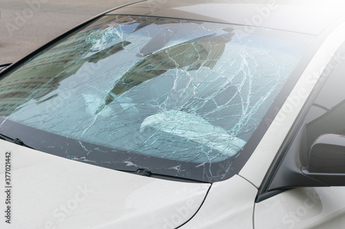 Cracked windshield of the car