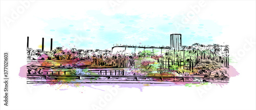 Building view with landmark of Baghdad is the capital of Iraq and the third-largest city in the Arab world after Cairo and Riyadh. Watercolor splash with hand drawn sketch illustration in vector.