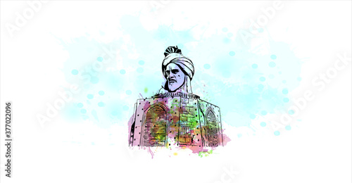 Building view with landmark of Baghdad is the capital of Iraq and the third-largest city in the Arab world after Cairo and Riyadh. Watercolor splash with hand drawn sketch illustration in vector.