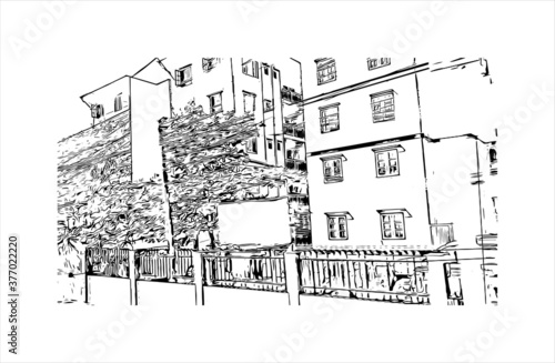 Building view with landmark of Bago, formerly known as Hanthawaddy, is a city and the capital of the Bago Region in Myanmar. Hand drawn sketch illustration in vector.