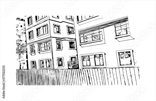 Building view with landmark of Bago, formerly known as Hanthawaddy, is a city and the capital of the Bago Region in Myanmar. Hand drawn sketch illustration in vector.