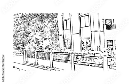 Building view with landmark of Bago, formerly known as Hanthawaddy, is a city and the capital of the Bago Region in Myanmar. Hand drawn sketch illustration in vector.