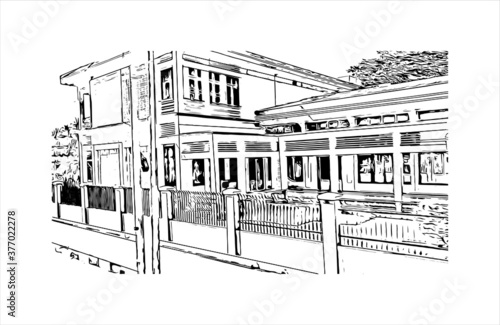 Building view with landmark of Bago, formerly known as Hanthawaddy, is a city and the capital of the Bago Region in Myanmar. Hand drawn sketch illustration in vector.