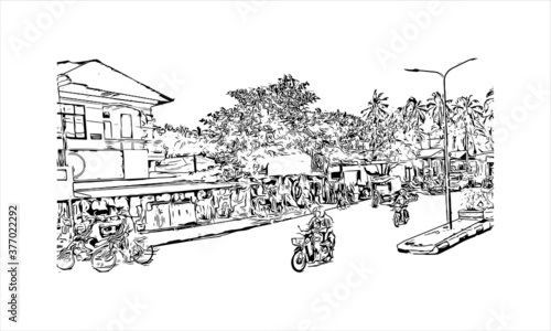 Building view with landmark of Bago, formerly known as Hanthawaddy, is a city and the capital of the Bago Region in Myanmar. Hand drawn sketch illustration in vector.