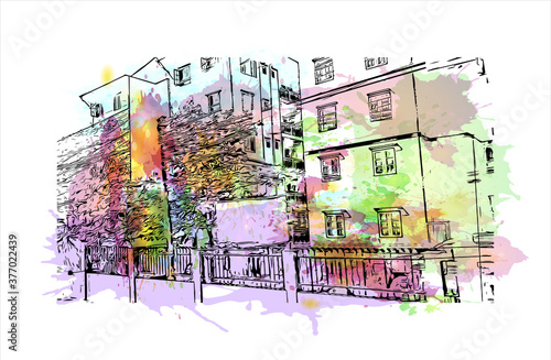 Building view with landmark of Bago, formerly known as Hanthawaddy, is a city and the capital of the Bago Region in Myanmar. Watercolor splash with hand drawn sketch illustration in vector.