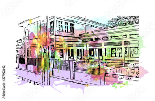 Building view with landmark of Bago, formerly known as Hanthawaddy, is a city and the capital of the Bago Region in Myanmar. Watercolor splash with hand drawn sketch illustration in vector.