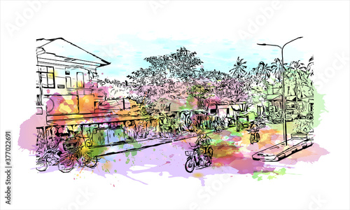 Building view with landmark of Bago, formerly known as Hanthawaddy, is a city and the capital of the Bago Region in Myanmar. Watercolor splash with hand drawn sketch illustration in vector.