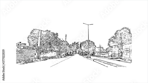 Building view with landmark of Bahadurgarh, known as the "Gateway of Haryana" " is a Subdistrict, and a municipal council located in Jhajjar. Hand drawn sketch illustration in vector.