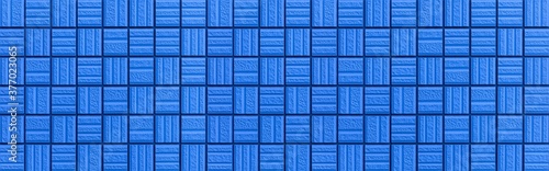 Panorama of Blue Line Mosaic Wall Tiles texture and seamless background