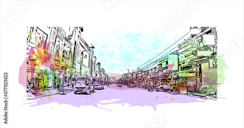 Building view with landmark of Bahadurgarh, known as the "Gateway of Haryana" " is a Subdistrict. Watercolor splash hand drawn sketch illustration in vector.
