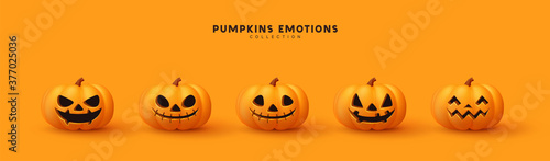 Set of pumpkin for holiday Halloween. Realistic 3d orange pumpkins with cut scary good joy smile. Collection of 3d objects. Design elements isolated on orange background. Vector illustration
