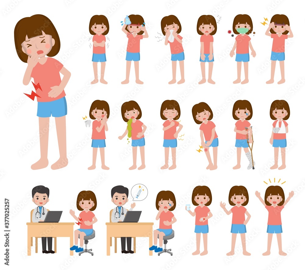 Illustration vector set of 18 teenage girl diseases, colds, and injuries Illustration vector set of 18 teenage girl diseases, colds, and injuries