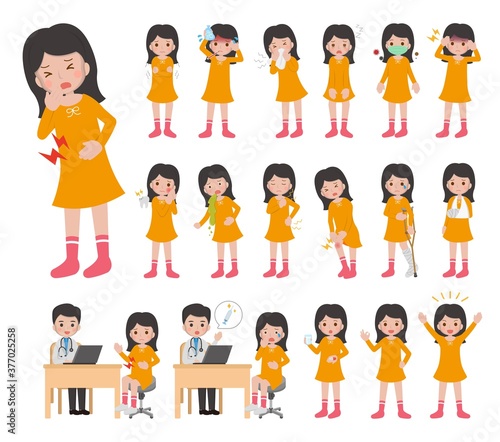 Illustration vector set of 18 woman diseases, colds, and injuries