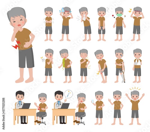 Illustration vector set of 18 elderly man diseases, colds, and injuries