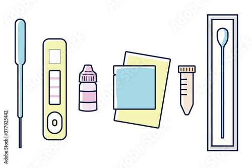 Illustration of a coronavirus rapid test with a Covid-19. Rapid test kit for COVID-19. PCR test kit.