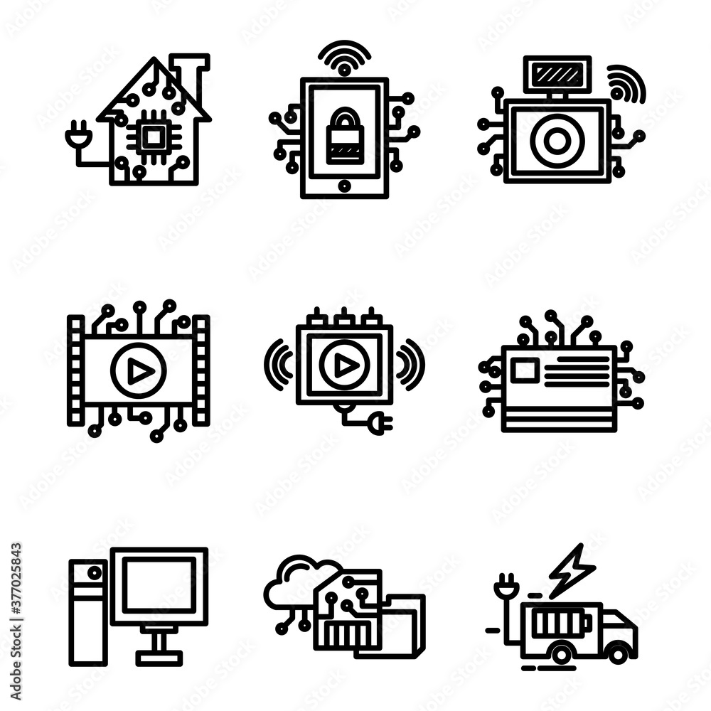 set icon technology style five outline design set icon technology style five outline design