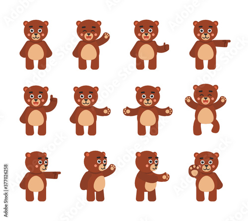 Set of cute bear character showing various hand gestures. Cheerful teddy bear pointing, greeting, celebrating, showing thumb up and other gestures. Vector illustration