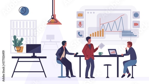 Data analysis concept. Office workers are studying the infographic.