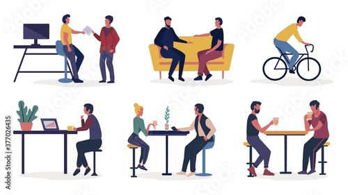 Different people spend time at home, outdoors and in cafes.