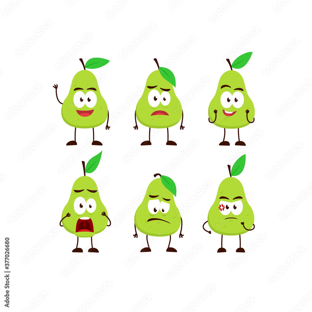 Pear avocado fruit character cartoon mascot pose set humanized funny expression stye Pear avocado fruit character cartoon mascot pose set humanized funny expression stye