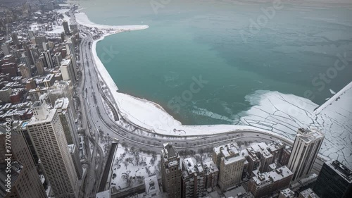 Beautiful time lapse view of Lake Michigan partially frozen over and Lake Shore Drive during the 2019 Polar Vortex that brought extreme cold temperatures to the midwest.